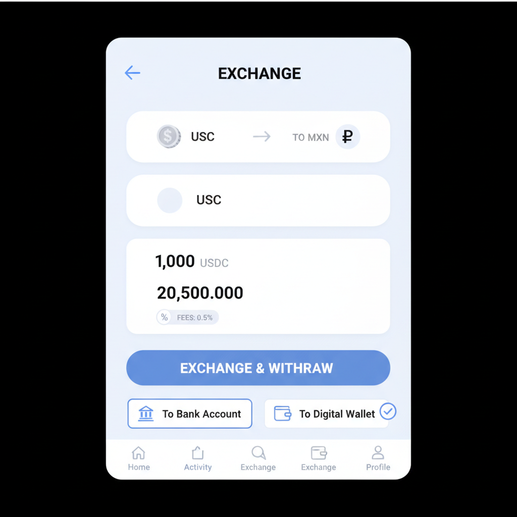 Exchange app screenshot of USDC to MXN conversion and bank withdrawal option