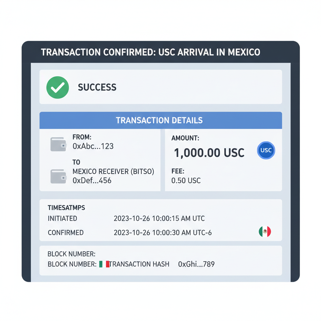 Blockchain explorer view confirming USDC transfer arrival in Mexico with timestamps