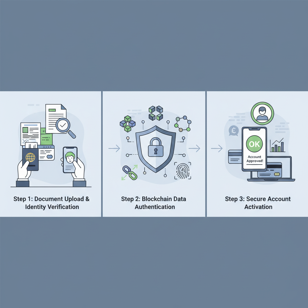 professional KYC onboarding process with documents, blockchain verification icons, clean office setting