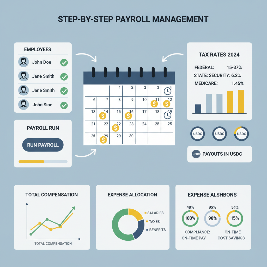 calendar scheduling payroll with tax rate charts, USDC icons, analytical dashboard