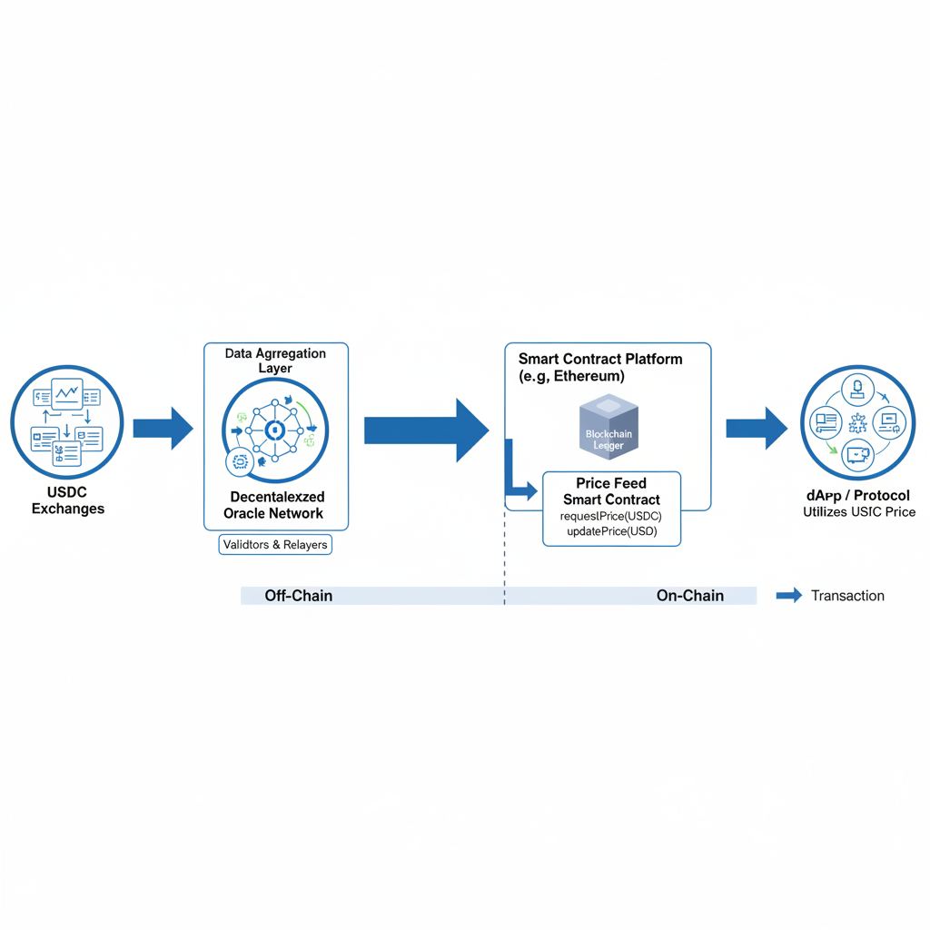blockchain oracle integration diagram with USDC price feeds, data flow arrows