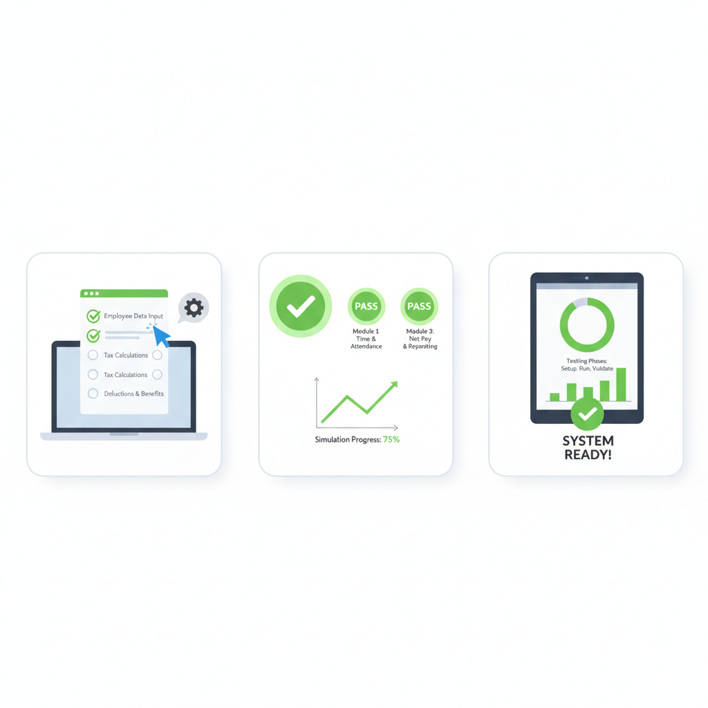 testing payroll software with checklists, green pass icons, simulation graphs
