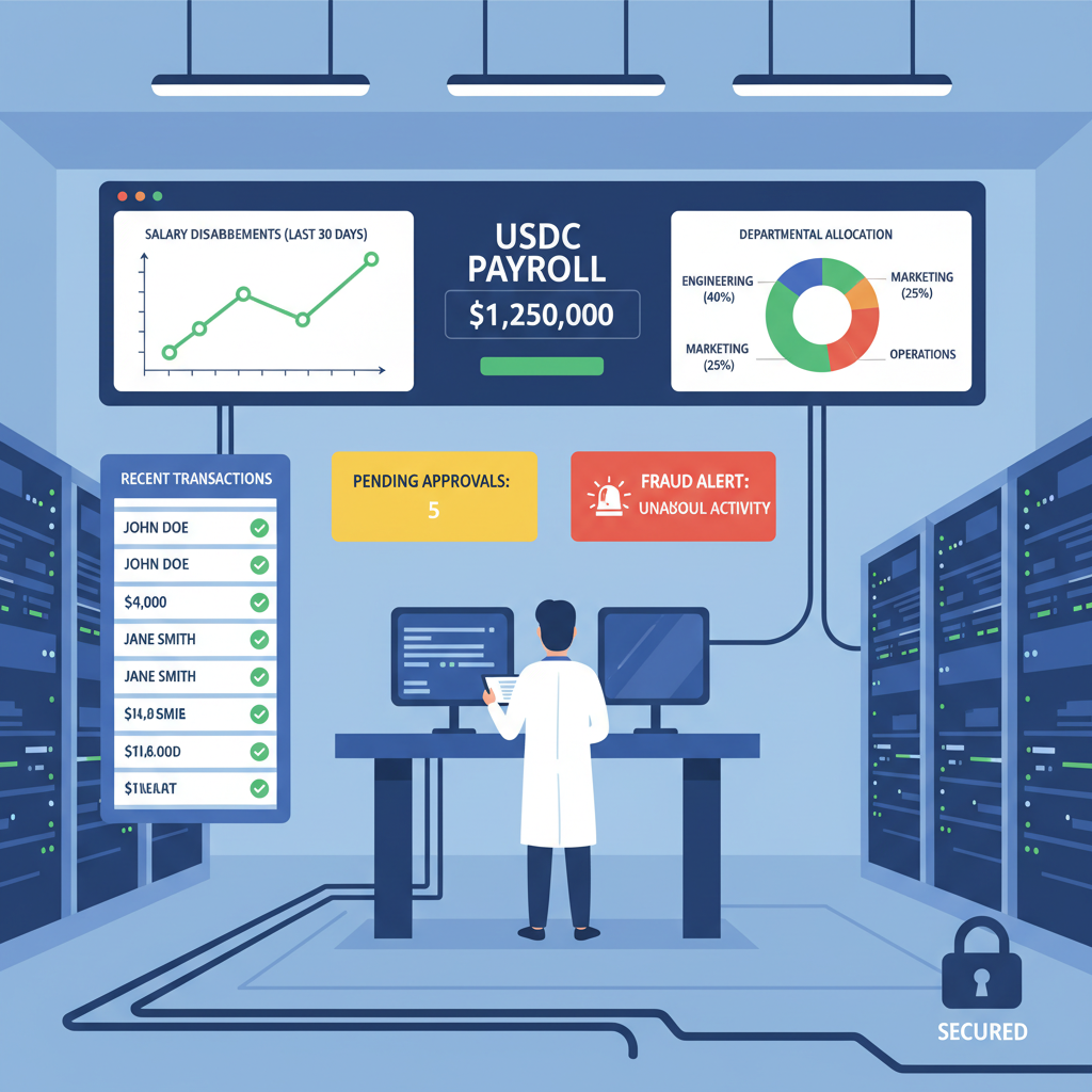 live dashboard monitoring USDC payroll, charts and alerts, secure server room