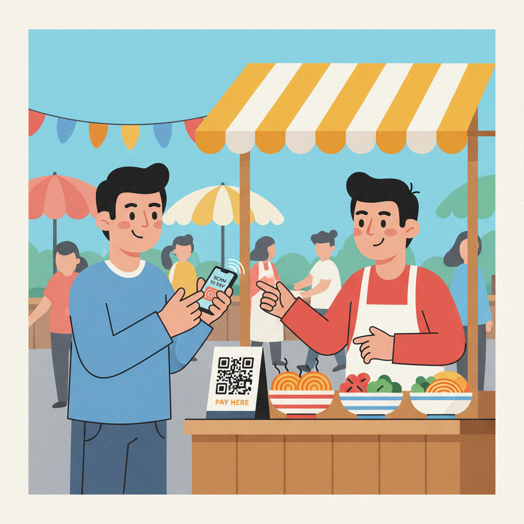 customer scanning vendor's QR code with phone at street food stall, both smiling, vibrant market scene, realistic