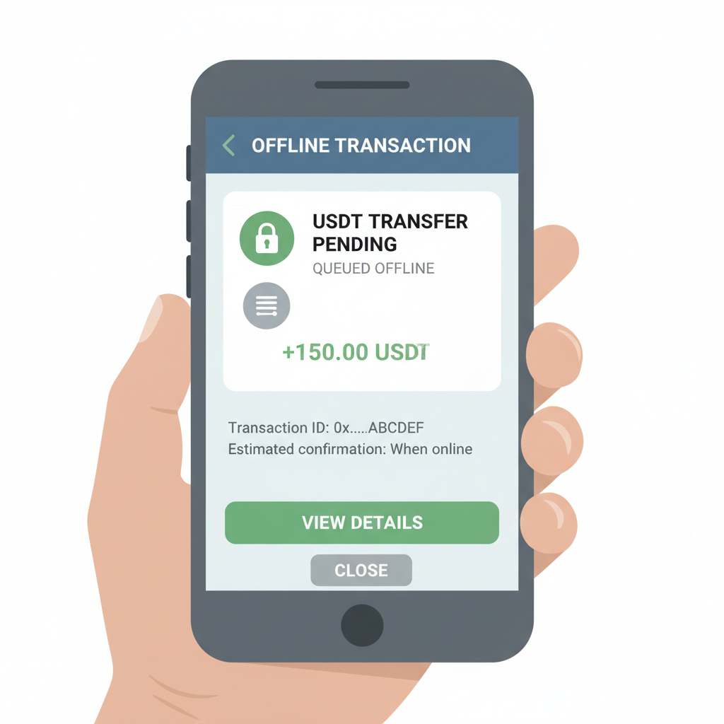 vendor's phone showing queued offline USDT transaction confirmation, icons of lock and queue, realistic interface