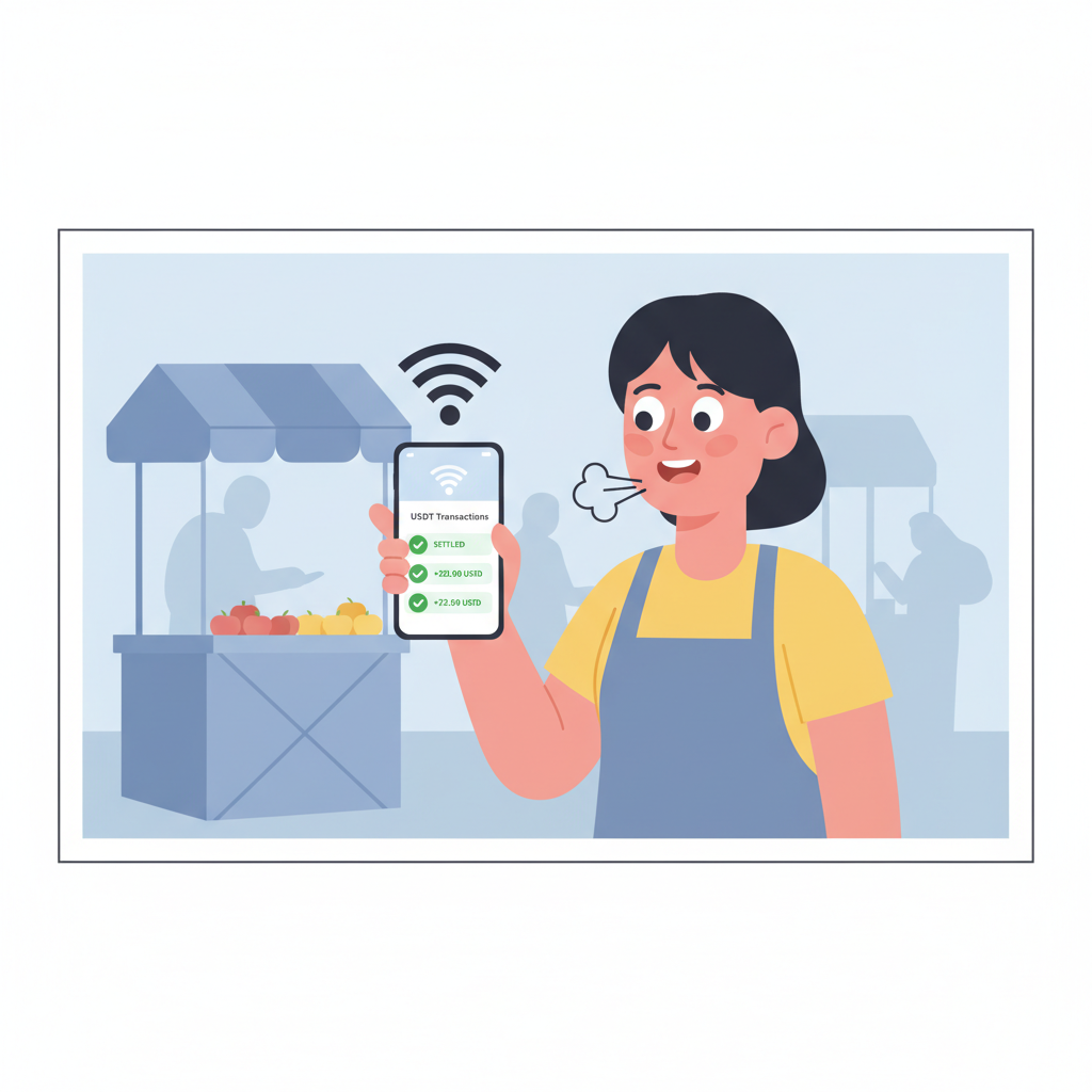 vendor checking smartphone with strong signal bars, green checkmarks on settled USDT transactions, relieved expression