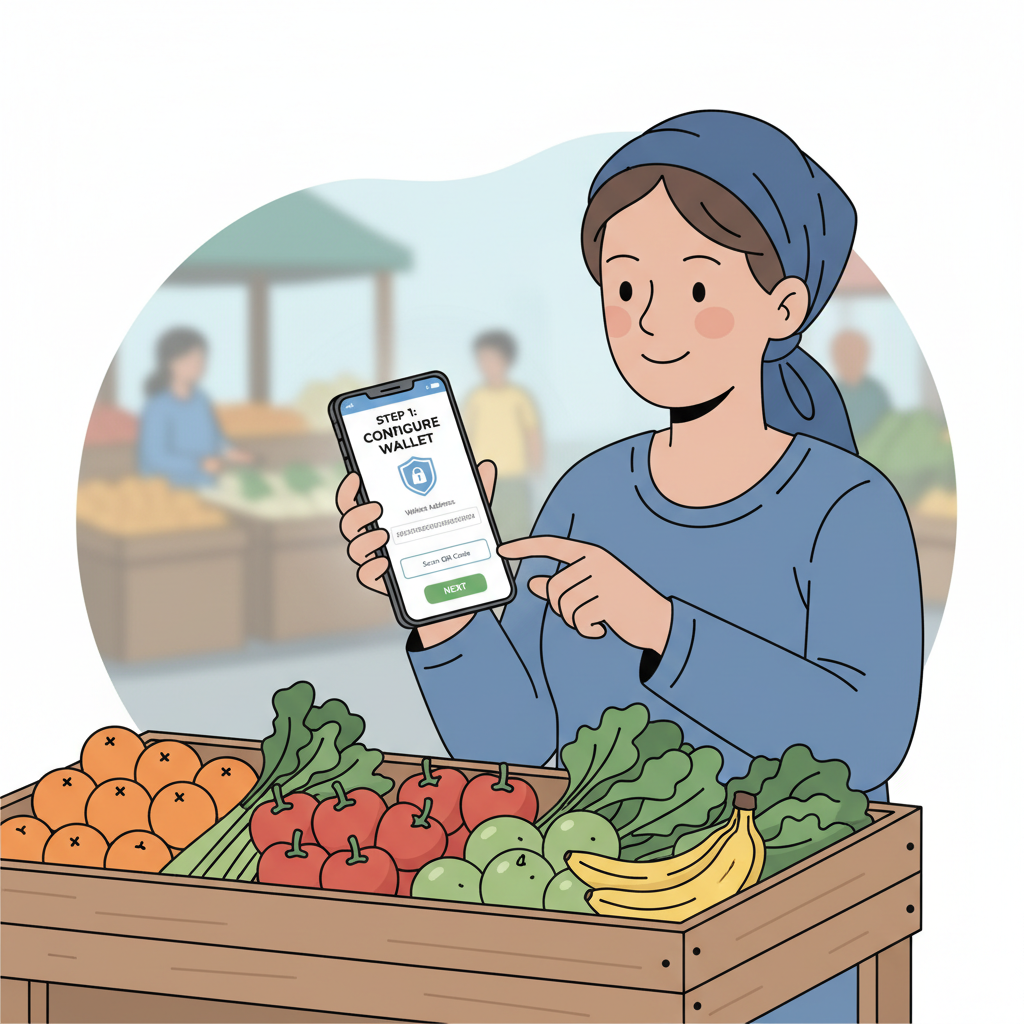 street vendor configuring crypto payment app on smartphone at market stall, realistic, detailed phone screen