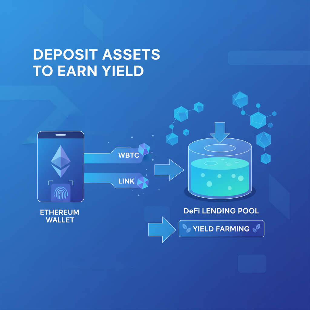 Ethereum wallet depositing WBTC and LINK into DeFi lending pool, glowing blockchain nodes, futuristic blue tones