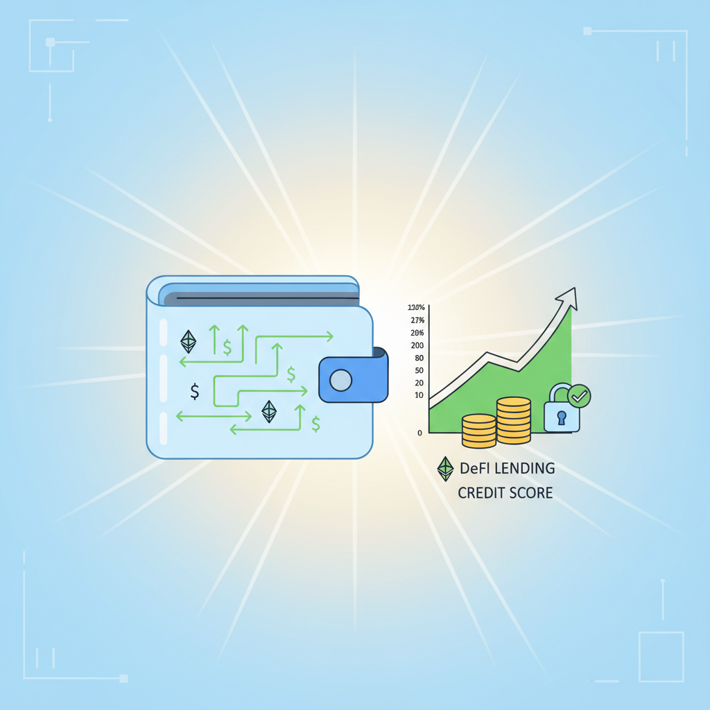Transparent Ethereum wallet with steady transactions, rising credit score graph, DeFi lending success, motivational gold aura