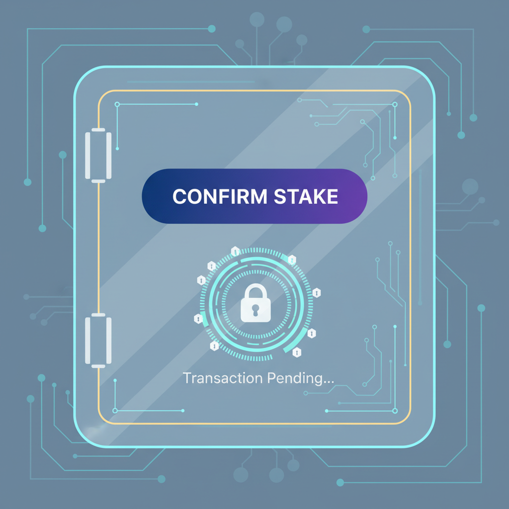 confirm button on staking confirmation screen, transaction pending animation, secure crypto vault aesthetic