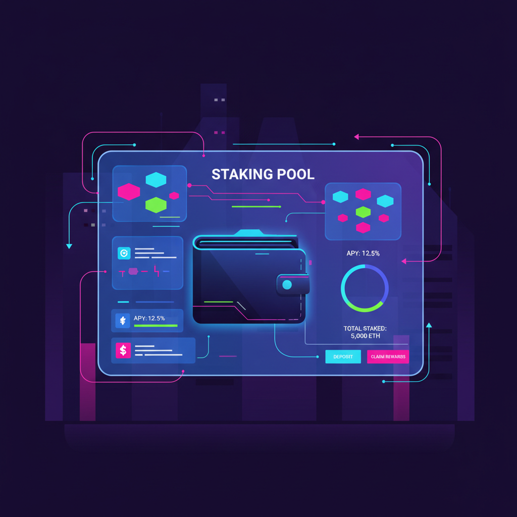 futuristic wallet connecting to glowing DeFi staking dashboard, neon crypto interface, cyberpunk style