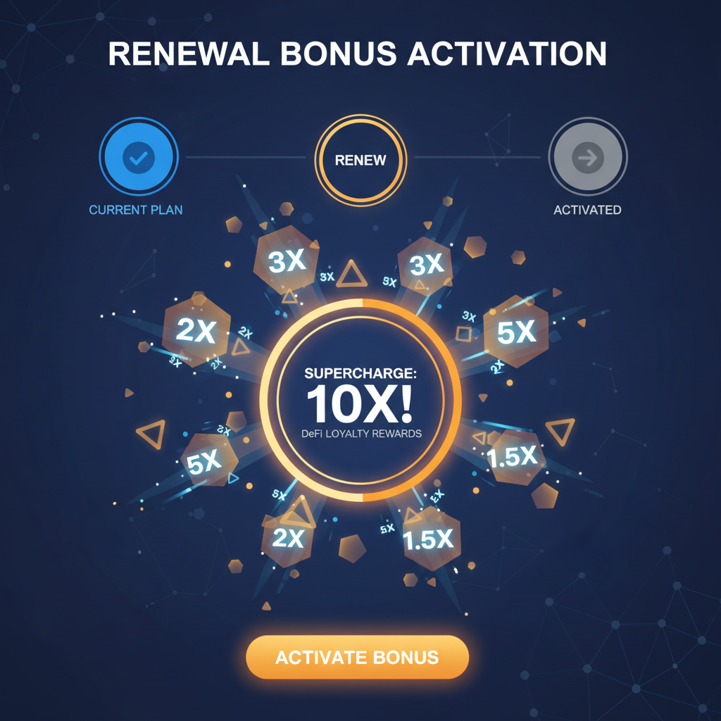 renewal bonus activation interface, glowing bonus multipliers exploding, DeFi loyalty rewards visualization