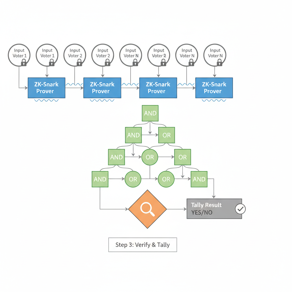 zero-knowledge circuit diagram for voting, nodes and gates, digital flowchart
