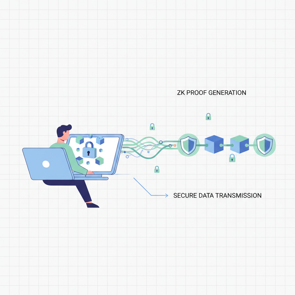 user generating zk proof on laptop, data flowing to blockchain, secure animation