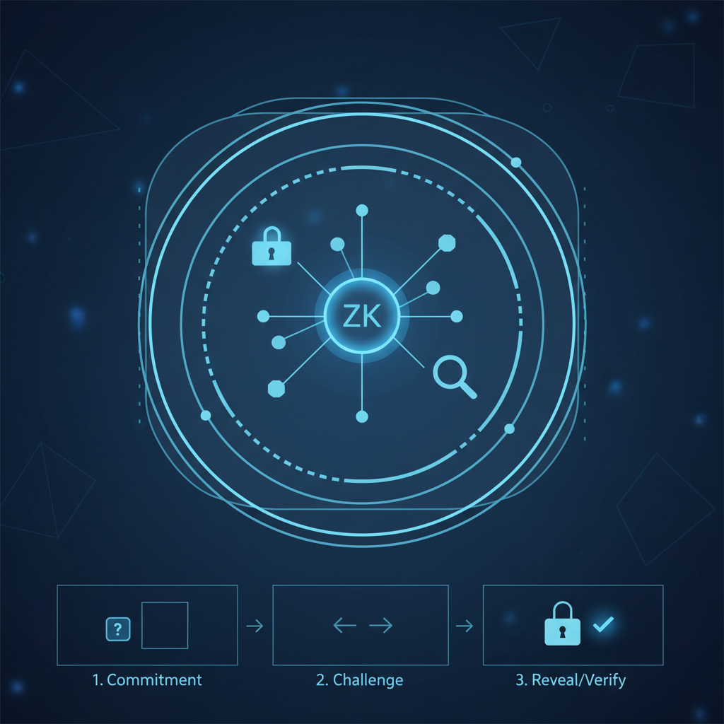 abstract zero-knowledge proof diagram, cryptographic circuit glowing blue, minimalist tech style