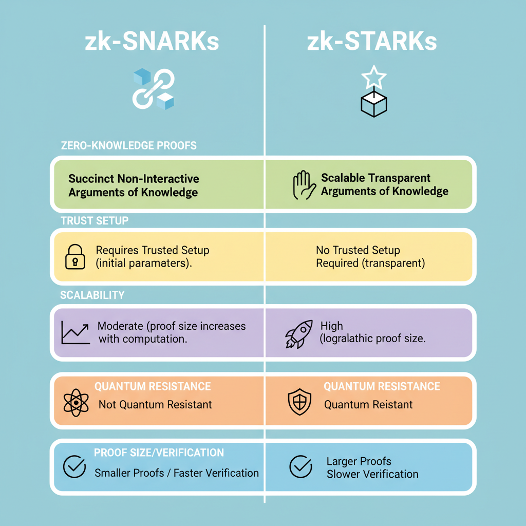 comparison chart zk-snarks vs zk-starks, blockchain icons, clean infographic