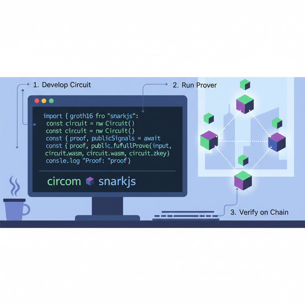developer terminal with circom snarkjs code, blockchain nodes connecting