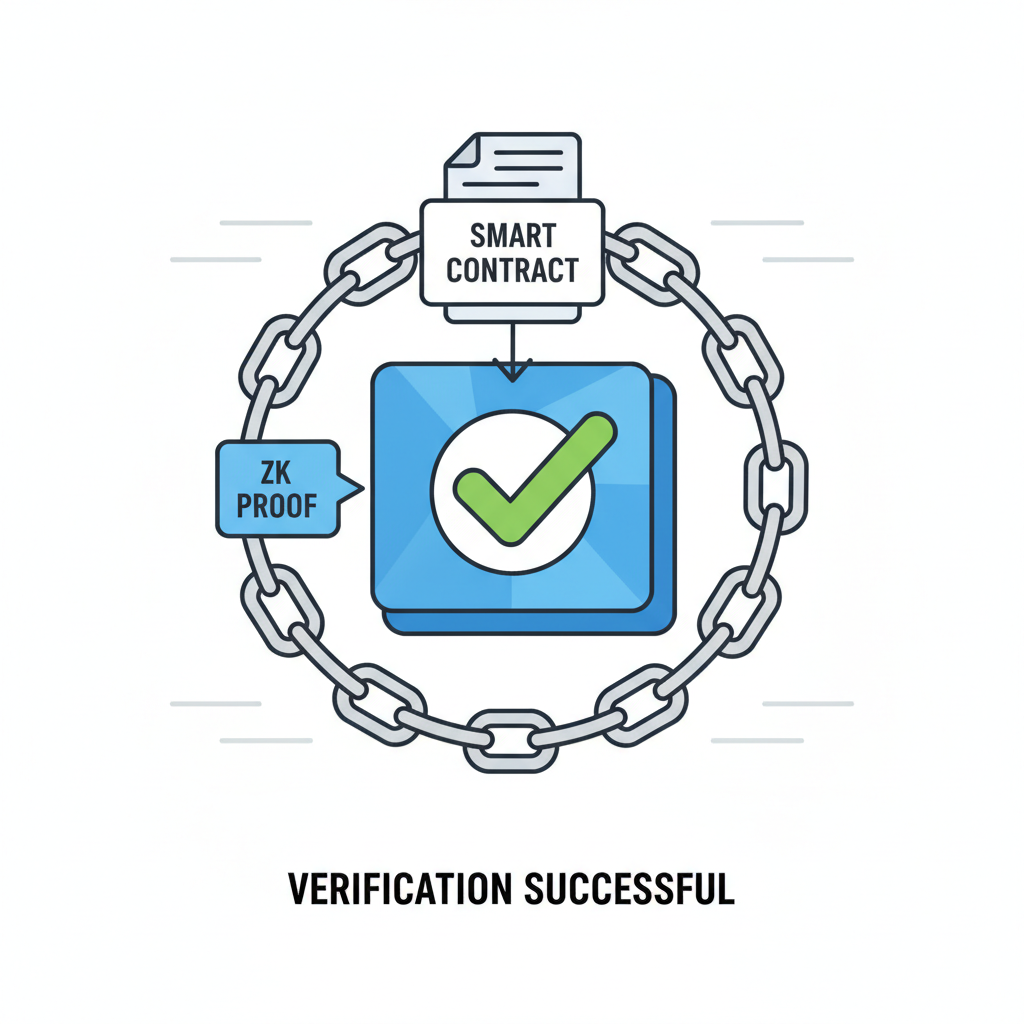 blockchain smart contract verifying zk proof, green checkmark, chain links