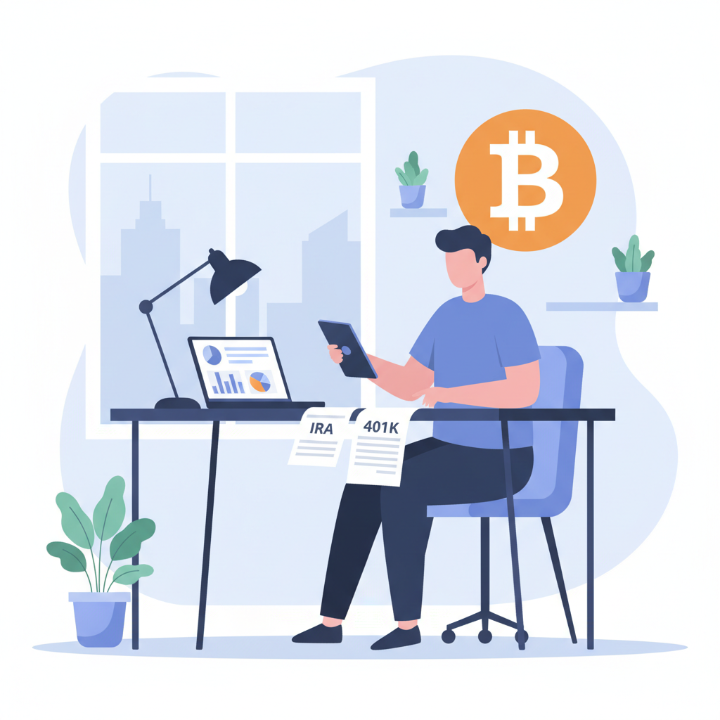 professional person at desk reviewing IRA and 401k documents with bitcoin logo in background, clean modern office