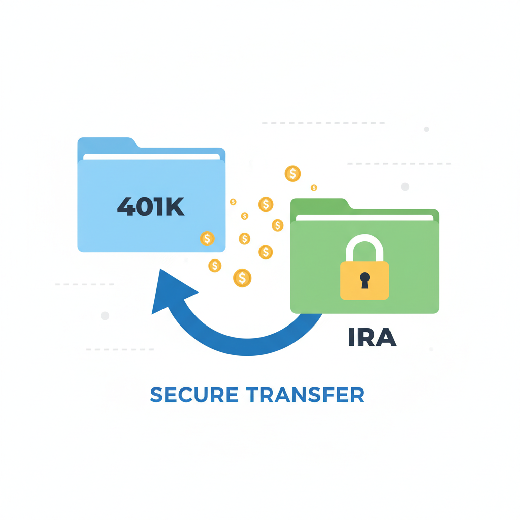arrow showing money transfer from 401k folder to IRA folder with lock icon for security