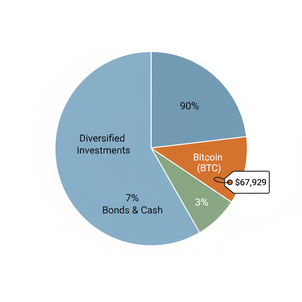 pie chart showing 3% bitcoin slice in retirement portfolio, bitcoin price tag $67929