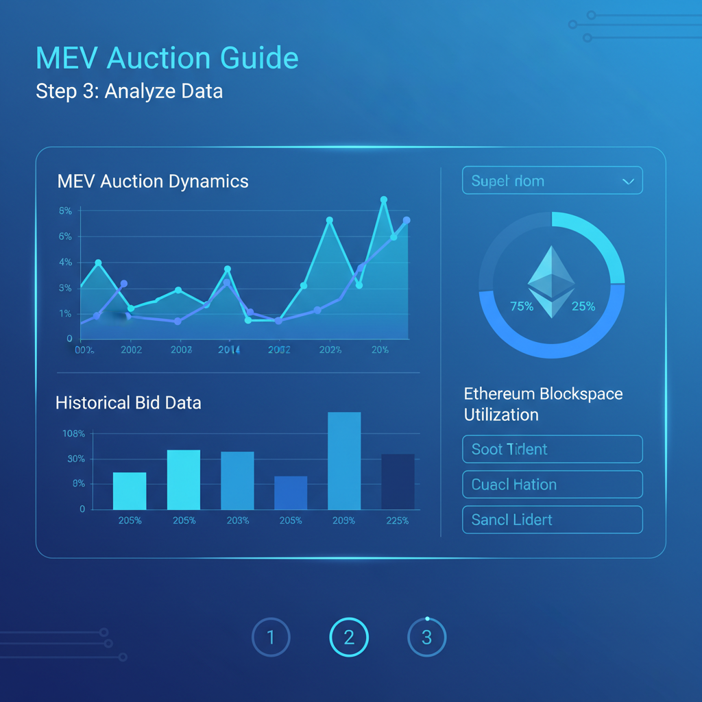 sleek blue-toned dashboard displaying MEV auction graphs, historical bid charts, Ethereum blockspace data visualization, futuristic UI