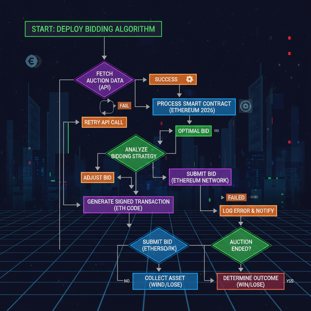 algorithm flowchart deploying bids, API integrations, Ethereum 2026 auction code visualization, cyberpunk style