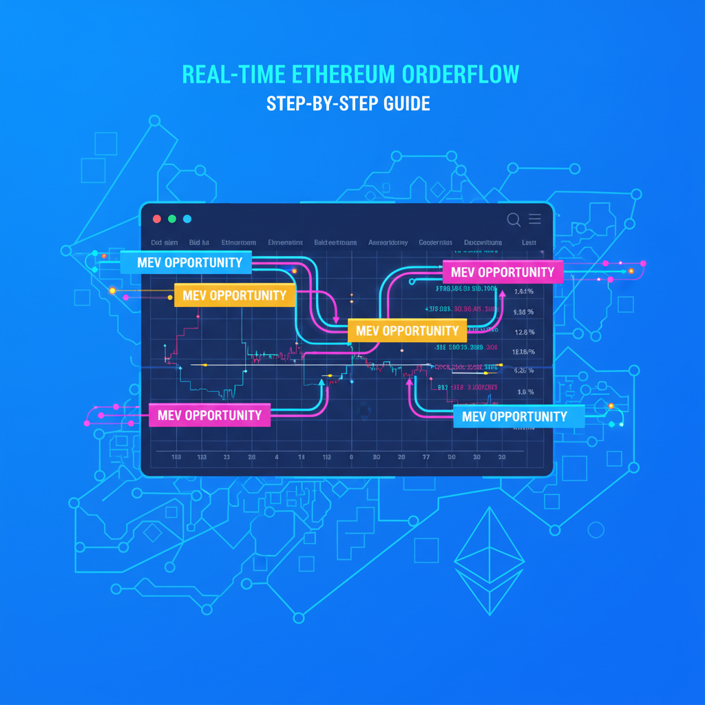 dynamic real-time orderflow chart with glowing data streams, MEV opportunity highlights, Ethereum network visualization in neon blues