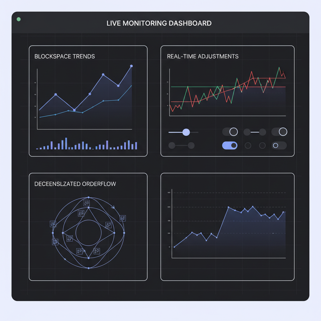 live monitoring dashboard with blockspace trends, real-time adjustments graphs, decentralized orderflow in dark mode UI