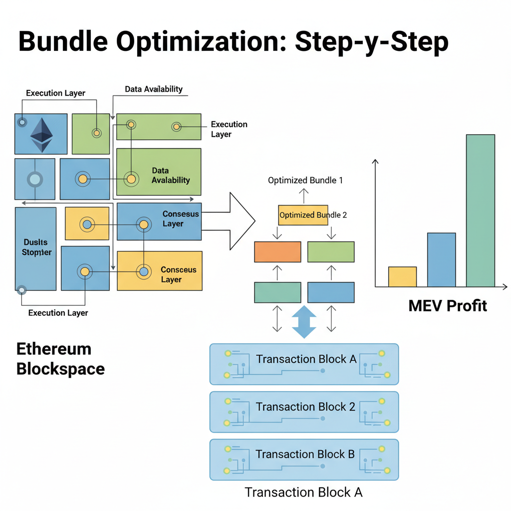 bundle optimization diagram, stacked transaction blocks, MEV profit graphs, Ethereum blockspace in modular design