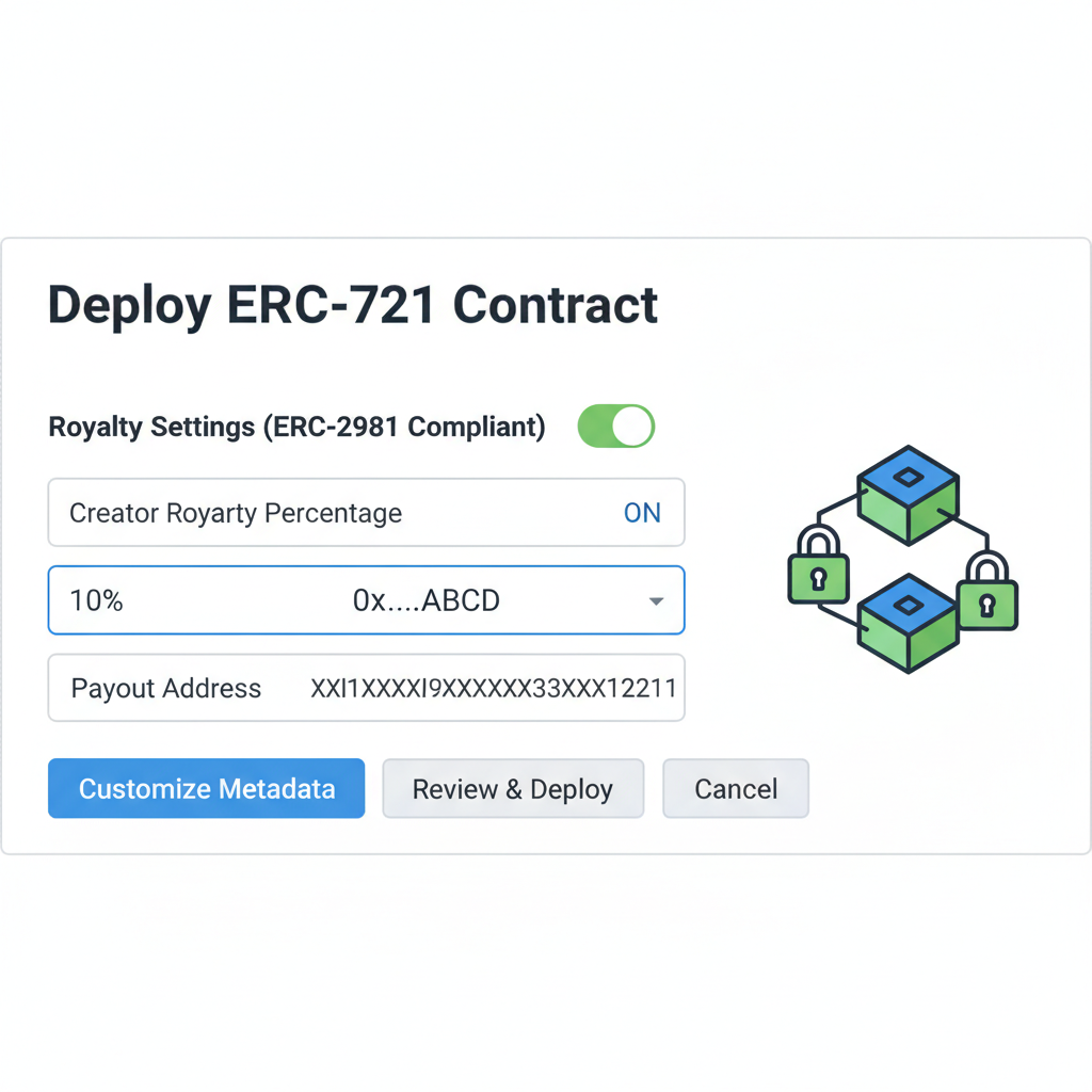 ERC-2981 royalty settings on NFT contract deploy screen, blockchain locks