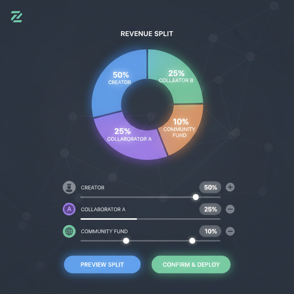 Configuring multi-recipient revenue split on Zora, percentages chart glowing