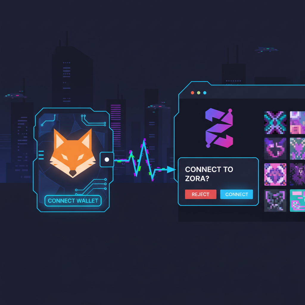 MetaMask wallet connecting to Zora NFT platform interface, cyberpunk style