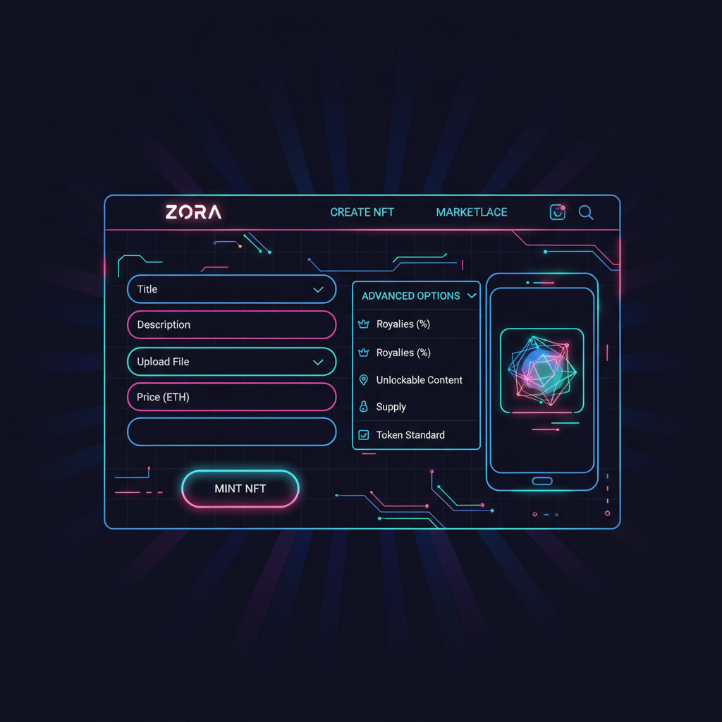 Zora create NFT page with advanced options dropdown open, neon glow