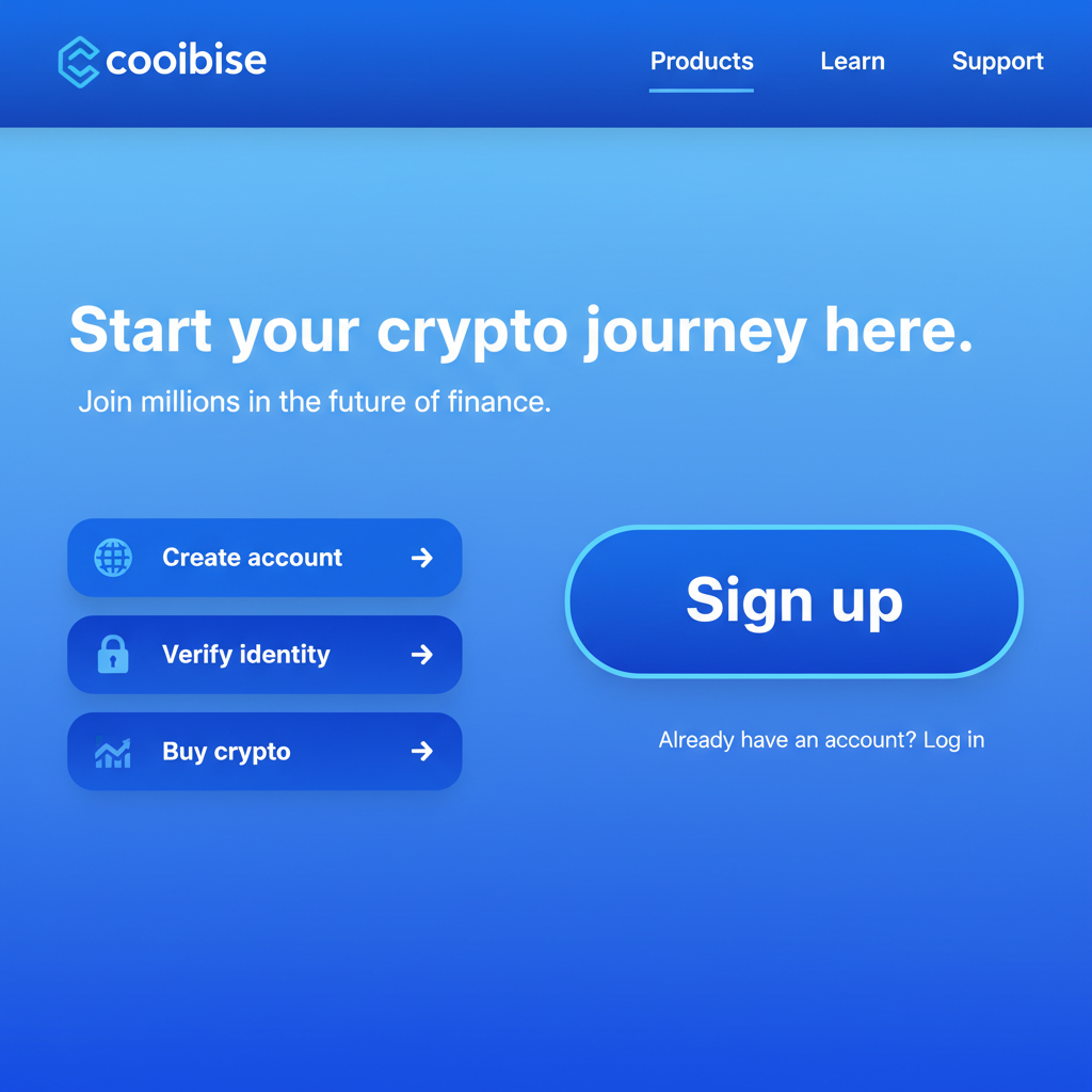 clean screenshot of Coinbase homepage sign up button, vibrant blue tones, simple UI