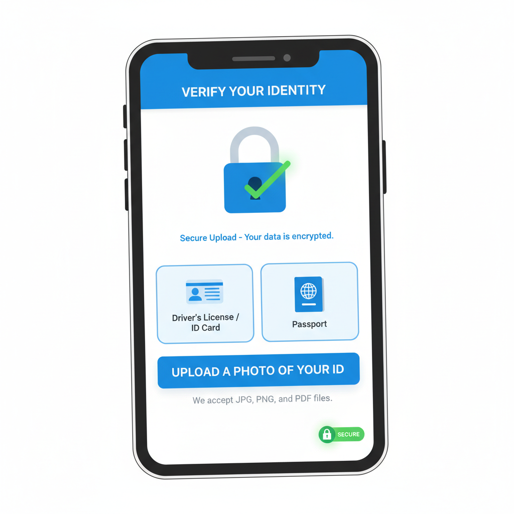 smartphone screen showing ID verification upload on Coinbase app, secure lock icon
