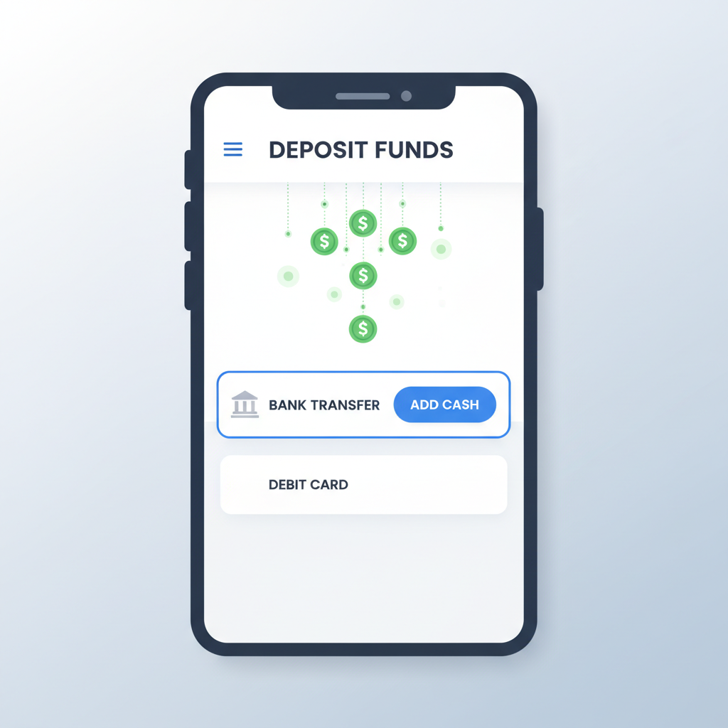Coinbase app screen with bank deposit option selected, dollar signs flowing in