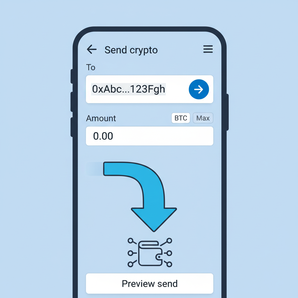 Coinbase send crypto screen with wallet address pasted, arrow showing transfer