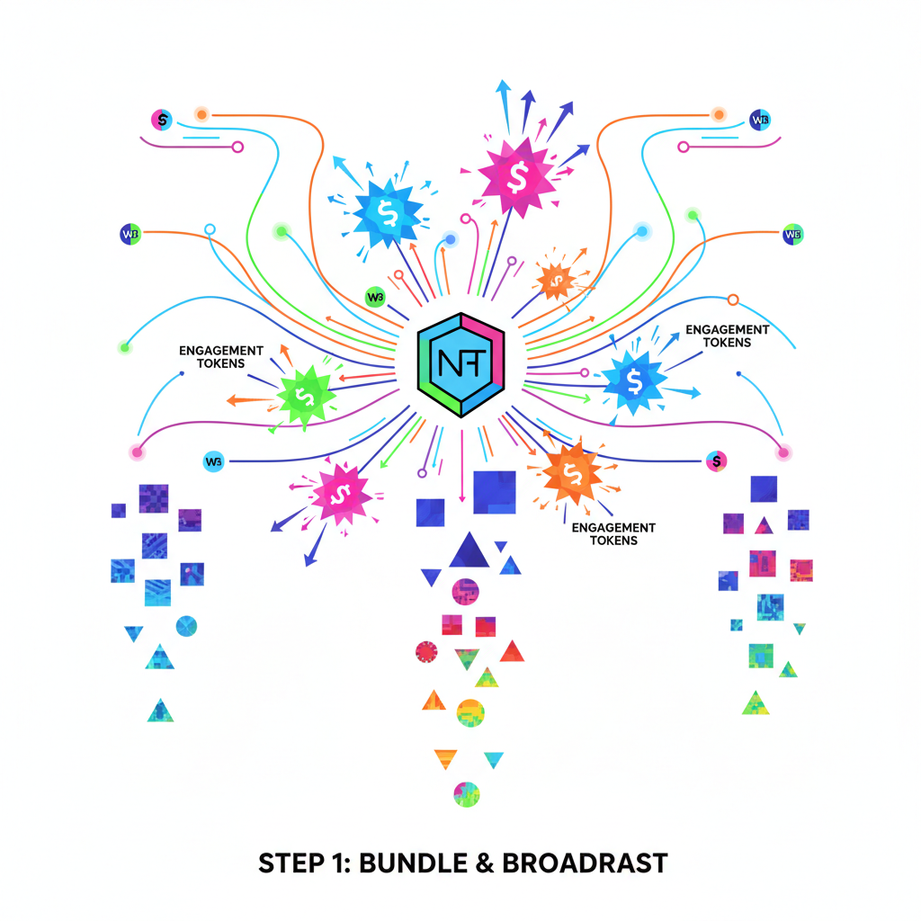 NFTs bundled with exploding engagement tokens, viral web3 network spreading, colorful digital art cascade