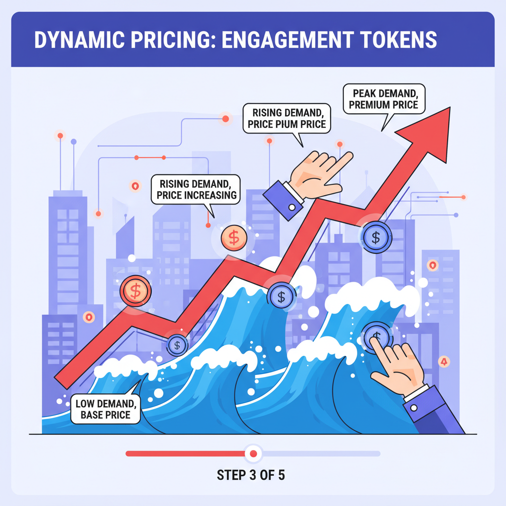 dynamic pricing graph iterating upward for engagement tokens, demand waves crashing, cyber market frenzy