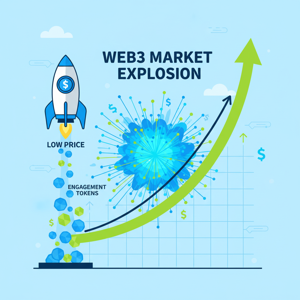 low price rocket launching engagement tokens into parabolic growth chart, web3 market explosion, vibrant blues and greens