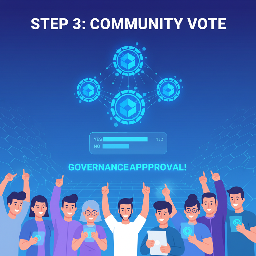 community members voting on glowing blockchain governance tokens, engaged web3 crowd celebrating, electric blue hues