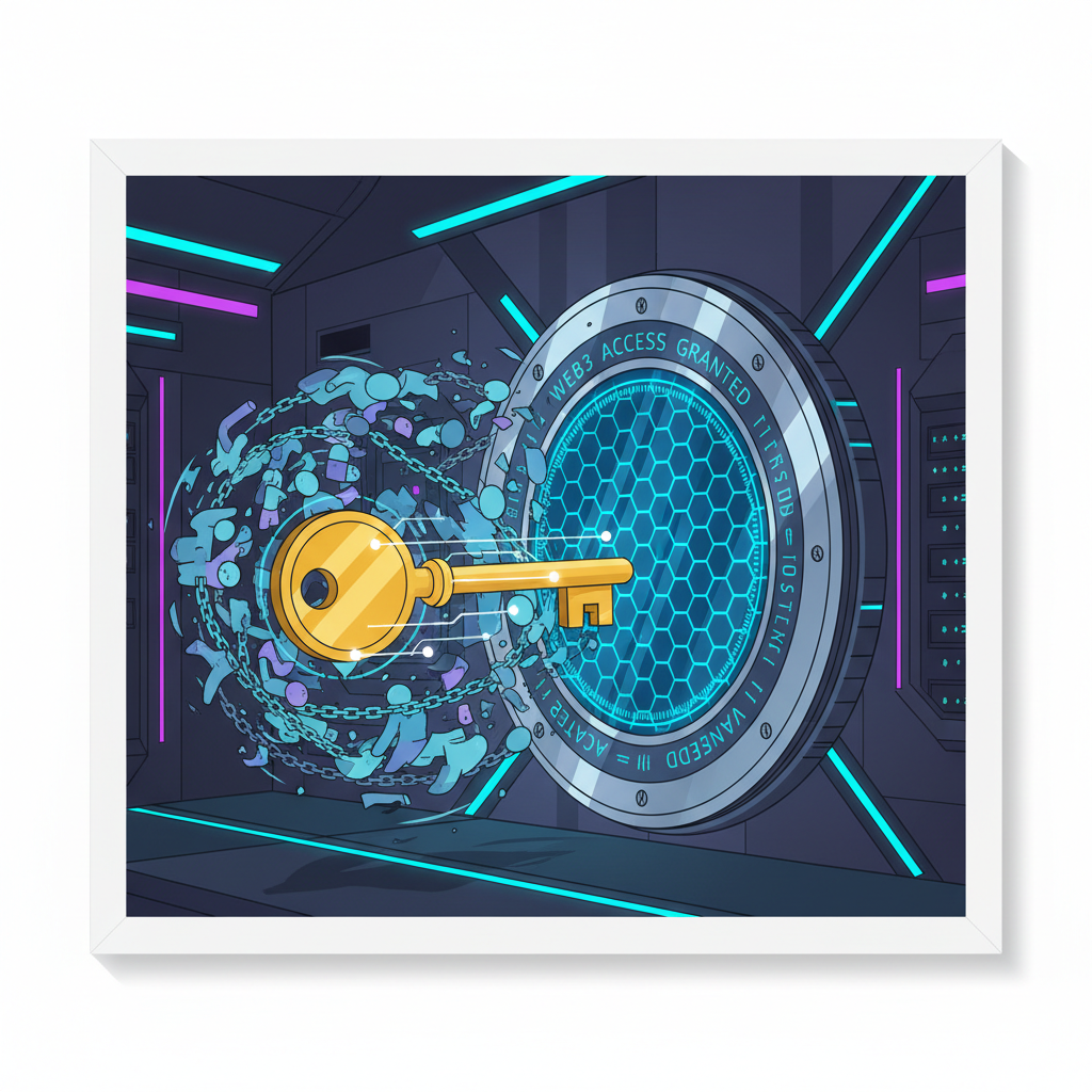 golden key unlocking tokenized exclusive web3 access door, bypassing follower train wreckage, high-tech vault aesthetic