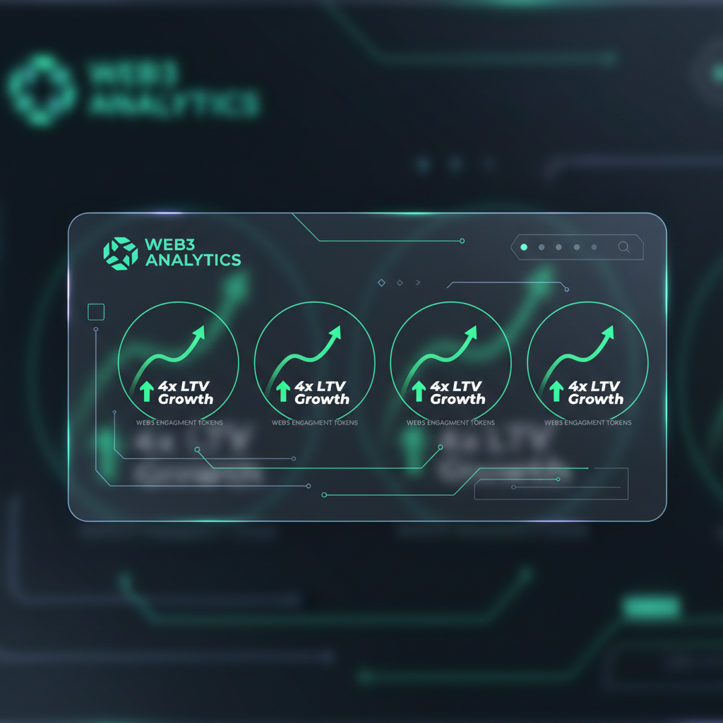 dashboard tracking 4x LTV growth charts for web3 engagement tokens, futuristic analytics screen, green upward arrows