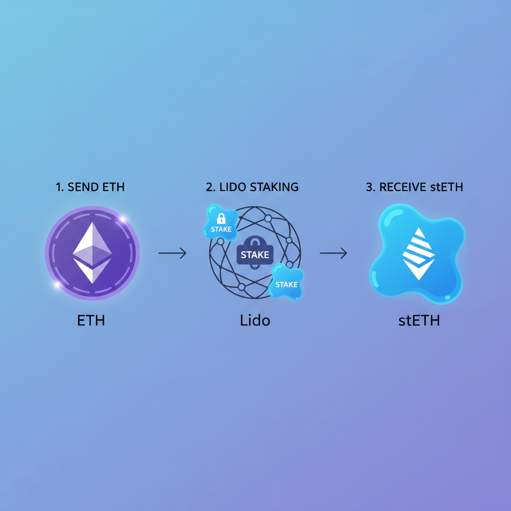 ethereum ETH converting to stETH token via Lido staking, glowing liquid stake icons, clean diagram