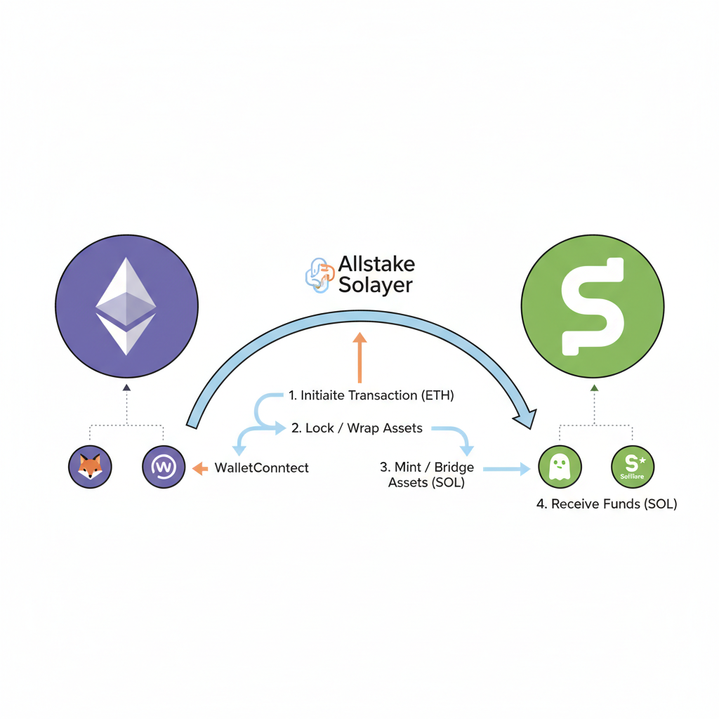 bridge connecting Ethereum to Solana, Allstake or Solayer logo, wallet connections, cross-chain flow diagram
