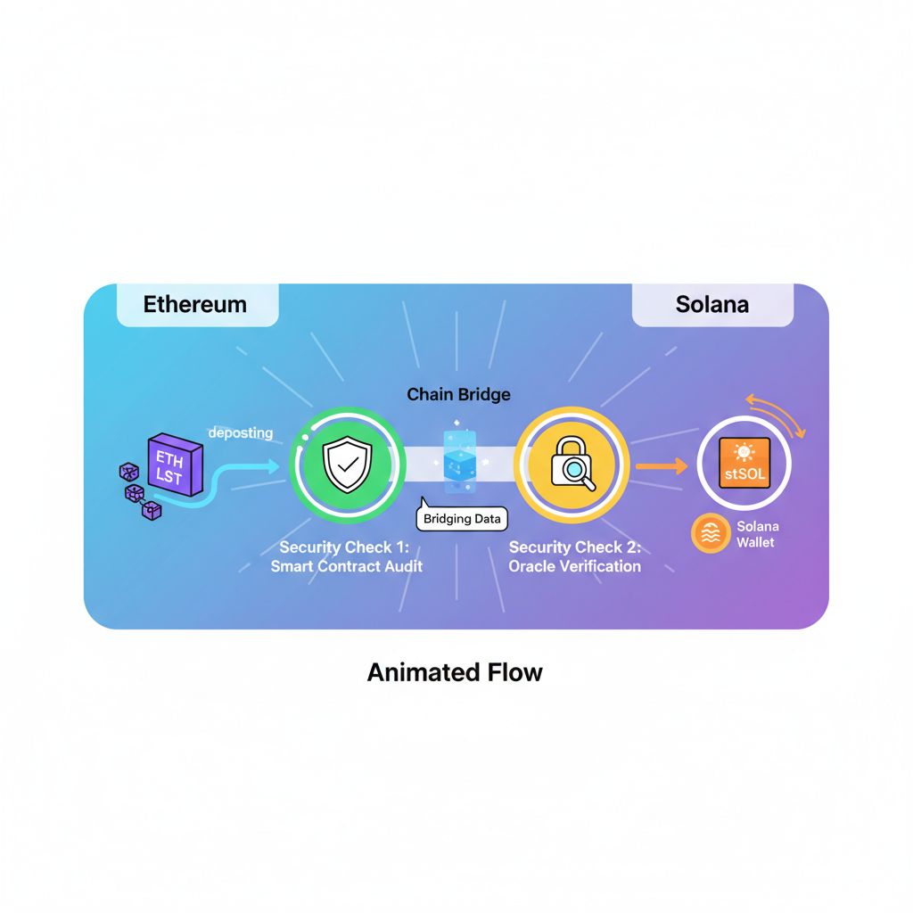 ETH LST depositing across chain bridge to Solana, animated flow with security checks, vibrant colors