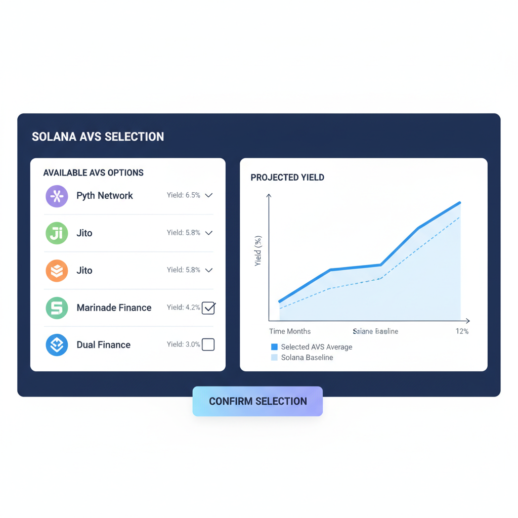 solana AVS selection dashboard, yield charts, selection icons, professional UI mockup