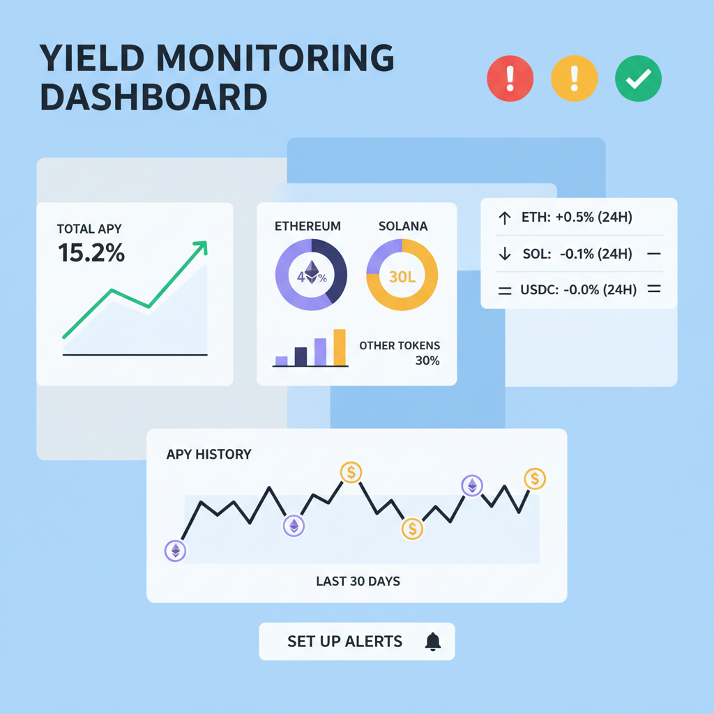 yield monitoring dashboard with charts, APY graphs, ethereum solana tokens, alert icons