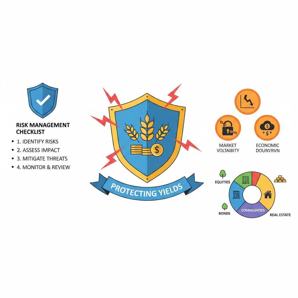 risk management checklist, shield protecting yields, warning signs, balanced portfolio illustration